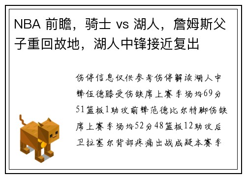 NBA 前瞻，骑士 vs 湖人，詹姆斯父子重回故地，湖人中锋接近复出